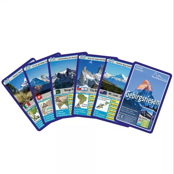 Das Quartett der Bergriesen ist ein weiteres beeindruckendes Kartenspiel von Wendel, das die 32 atemberaubendsten Gebirgsketten der Welt darstellt. Jede Karte enthält Informationen über den Standort, die Höhe und besondere Merkmale jeder Gebirgskette.