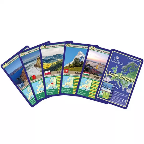Wendels Kartenspiele - Quartett der europäischen Länder - ist ein Spiel, das 32 Länder des geografischen Europas vorstellt. Das Spiel umfasst sechs Kategorien, die das Verständnis und Wissen der Spieler über diese Länder vertiefen. Jede Karte zeigt charakteristische Fotos und interessante Fakten über das jeweilige Land und macht das Spiel sowohl lehrreich als auch unterhaltsam.