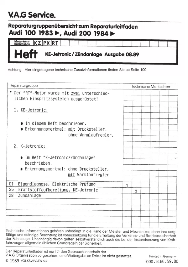 Audi 100/200 1982-1991 Benziner KE-Jetronic Zündanlage Reparaturanleitung PDF
