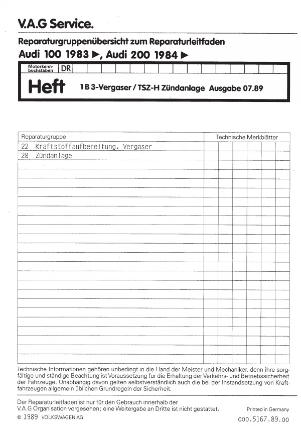 Audi 100/200 (82-91) 1B3-Vergaser TSZ-H Zündanlage 75 PS Reparaturanleitung PDF
