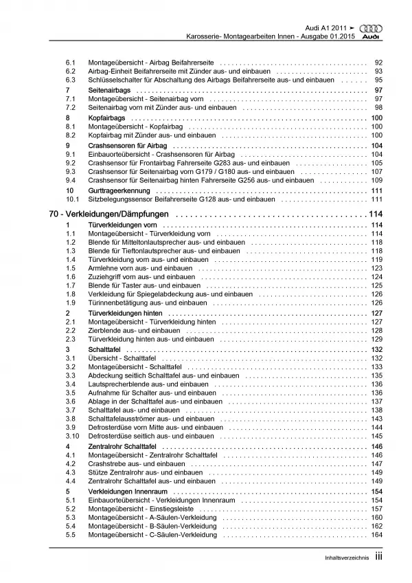 Audi A1 Typ 8X 2010-2018 Karosserie Montagearbeiten Innen Reparaturanleitung PDF