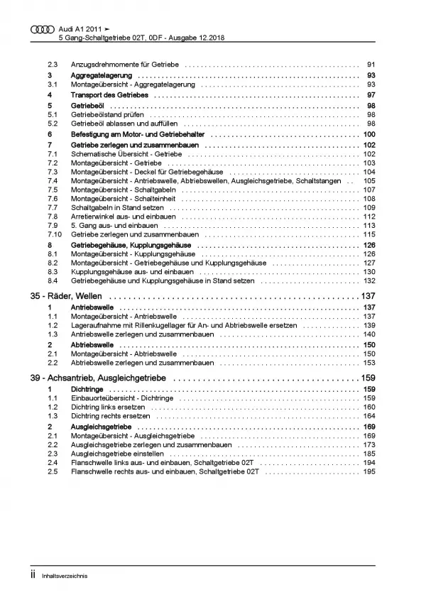 Audi A1 8X (10-18) 5 Gang Schaltgetriebe 02T 0DF Kupplung Reparaturanleitung PDF