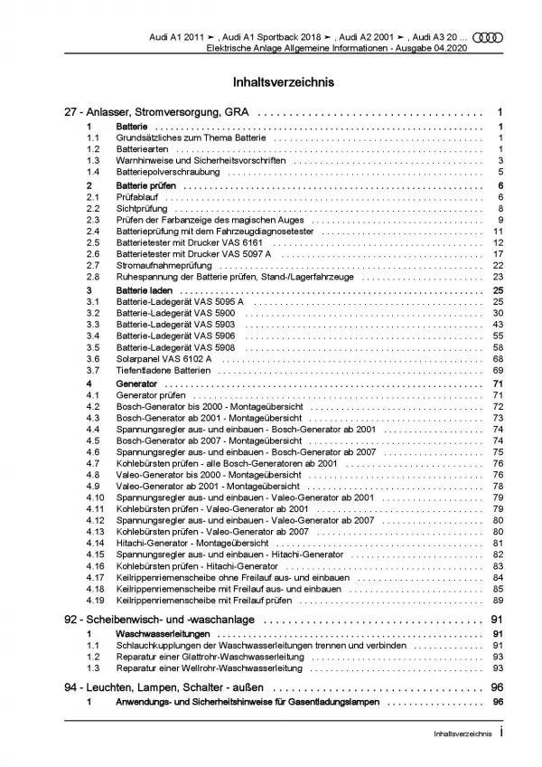 Audi A1 8X 2010-2018 Allgemeine Infos Elektrische Anlage Reparaturanleitung PDF