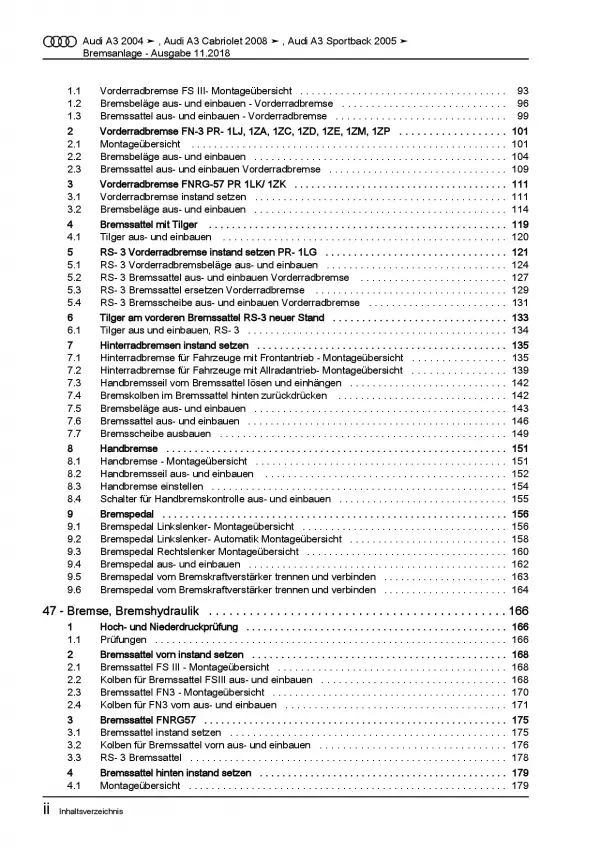Audi A3 Typ 8P 2003-2012 Bremsanlagen Bremsen System Reparaturanleitung PDF
