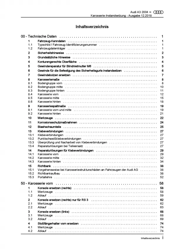 Audi A3 Typ 8P 2003-2012 Karosserie Unfall Instandsetzung Reparaturanleitung PDF