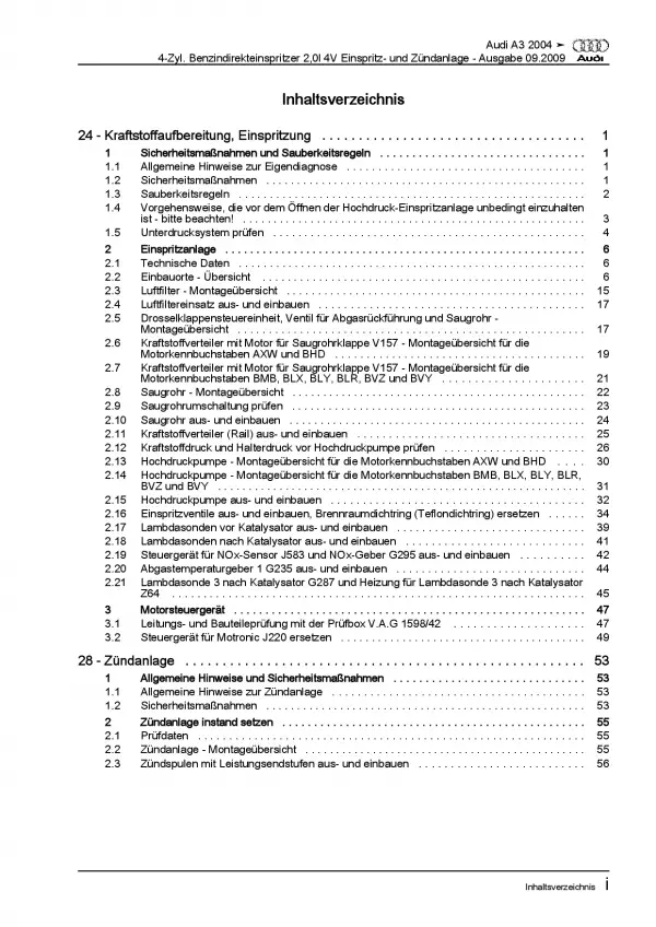 Audi A3 8P 2003-2012 Benzin Einspritz- Zündanlage 150 PS Reparaturanleitung PDF
