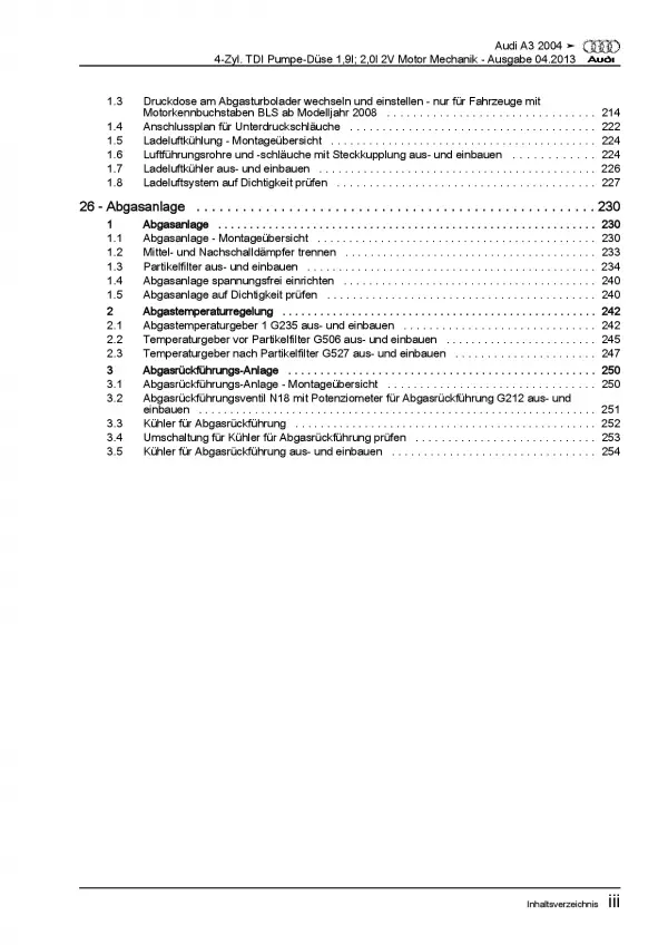 Audi A3 Typ 8P 2003-2012 Dieselmotor Mechanik 105-140 PS Reparaturanleitung PDF