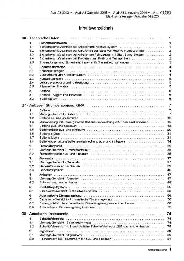 Audi A3 8V 2012-2020 Elektrische Anlage Elektrik Systeme Reparaturanleitung PDF