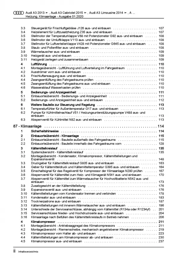 Audi A3 Typ 8V 2012-2020 Heizung Belüftung Klimaanlage Reparaturanleitung PDF
