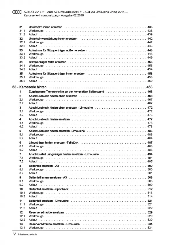 Audi A3 Typ 8V 2012-2020 Karosserie Unfall Instandsetzung Reparaturanleitung PDF