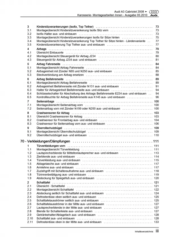 Audi A3 Cabrio 2008-2013 Karosserie Montagearbeiten Innen Reparaturanleitung PDF