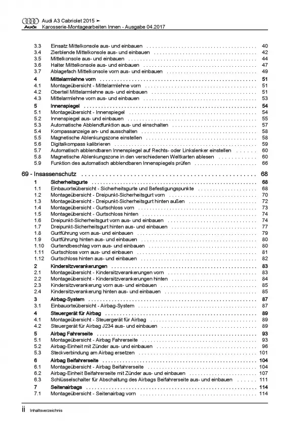 Audi A3 Cabrio 2014-2020 Karosserie Montagearbeiten Innen Reparaturanleitung PDF