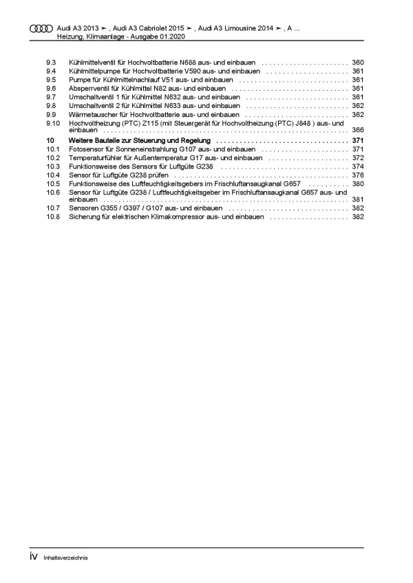 Audi A3 Cabriolet 2014-2020 Heizung Belüftung Klimaanlage Reparaturanleitung PDF