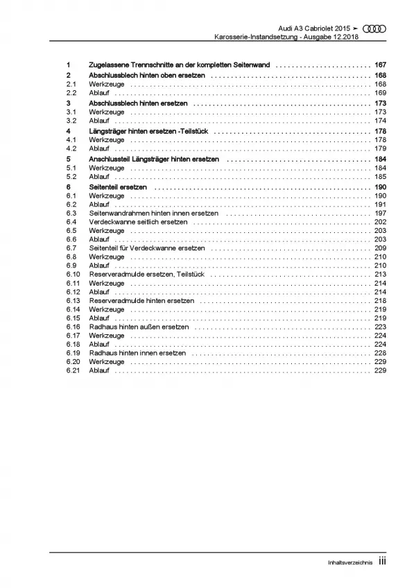Audi A3 Cabrio 2014-2020 Karosserie Unfall Instandsetzung Reparaturanleitung PDF
