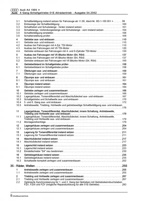 Audi A4 Typ 8D (94-02) 6 Gang Schaltgetriebe 01E Kupplung Reparaturanleitung PDF