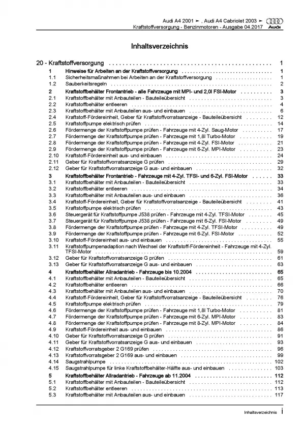 Audi A4 8E 2000-2008 Kraftstoffversorgung Benzinmotoren Reparaturanleitung PDF