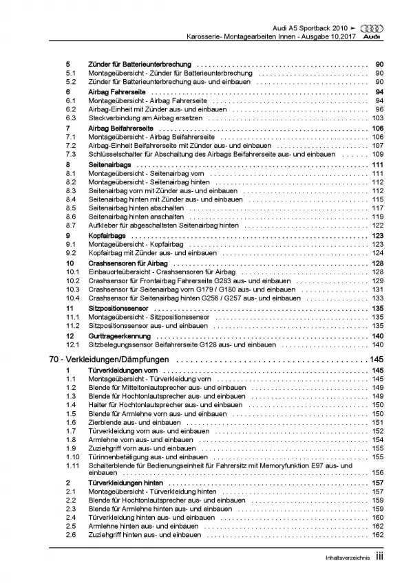 Audi A5 Typ 8T 2009-2016 Karosserie Montagearbeiten Innen Reparaturanleitung PDF