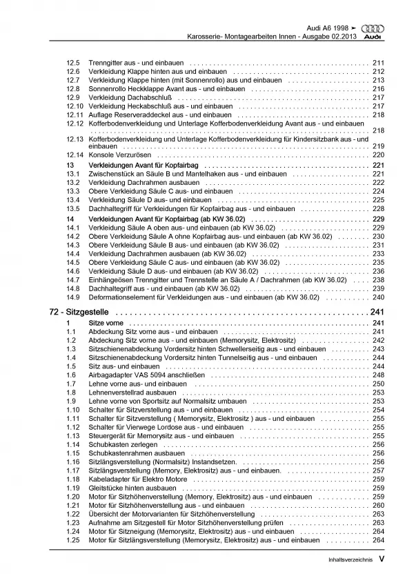 Audi A6 Typ 4B 1997-2005 Karosserie Montagearbeiten Innen Reparaturanleitung PDF