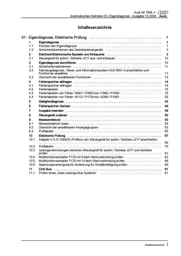 Audi A6 4B 1997-2005 Eigendiagnose 01L Automatikgetriebe Reparaturanleitung PDF