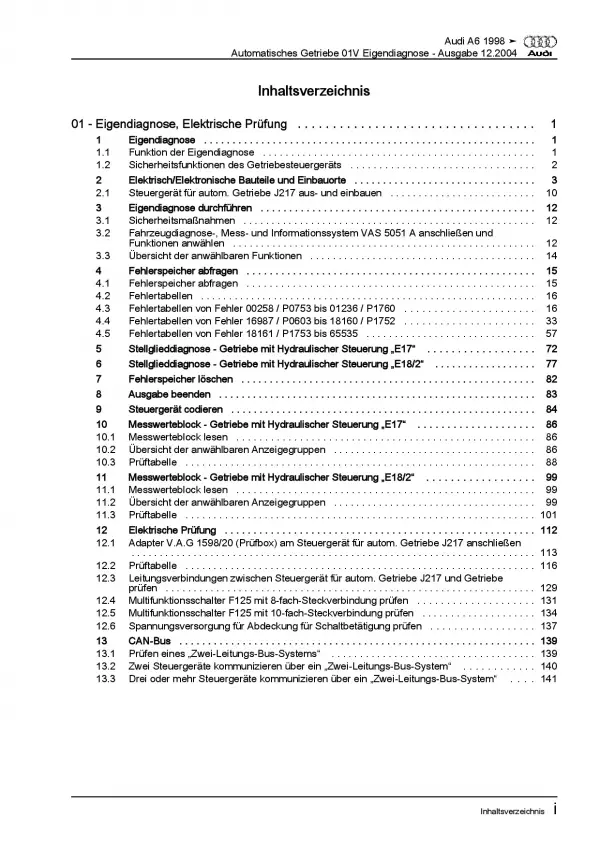Audi A6 4B 1997-2005 Eigendiagnose Automatikgetriebe 01V Reparaturanleitung PDF