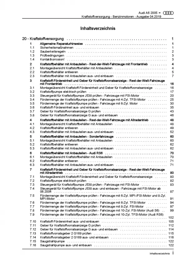 Audi A6 4F 2004-2011 Kraftstoffversorgung Benzinmotoren Reparaturanleitung PDF