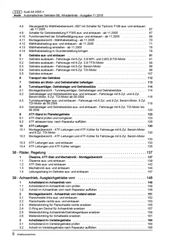 Audi A6 4F 2004-2011 6 Gang Automatikgetriebe 09L 4WD Reparaturanleitung PDF