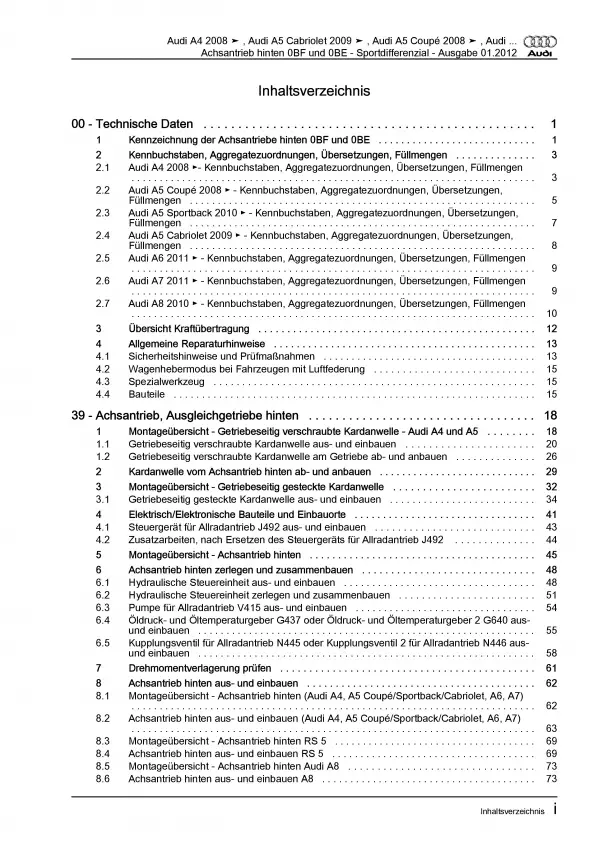 Audi A7 4G 2010-2018 Kardanwelle Achsantrieb hinten 0BF Reparaturanleitung PDF