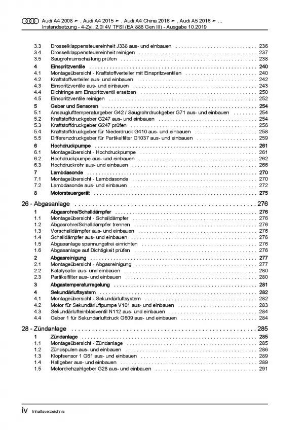 Audi A7 4K (18>) Instandsetzung 4-Zyl. 2,0l Benzinmotor Reparaturanleitung PDF