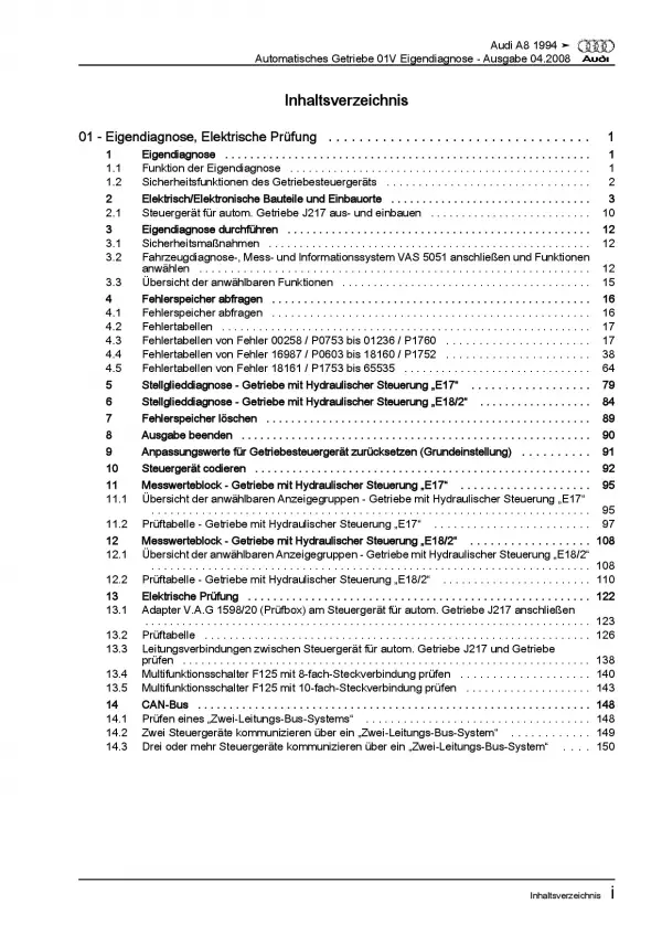 Audi A8 4D 1994-2002 Eigendiagnose Automatikgetriebe 01V Reparaturanleitung PDF