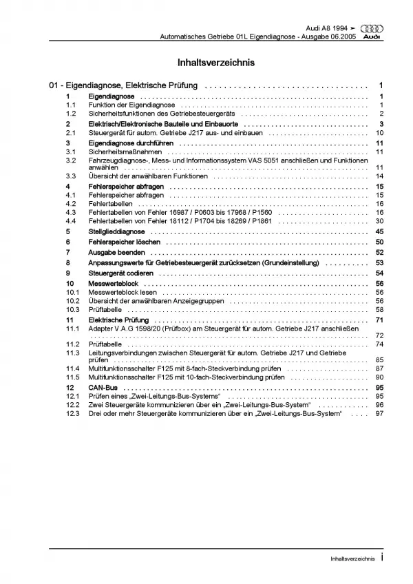 Audi A8 4D 1994-2002 Eigendiagnose 01L Automatikgetriebe Reparaturanleitung PDF