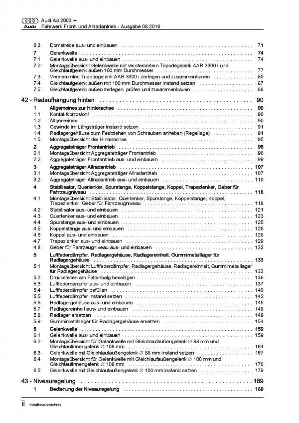 Audi A8 4E 2002-2010 Fahrwerk Achsen Lenkung FWD 4WD Reparaturanleitung PDF
