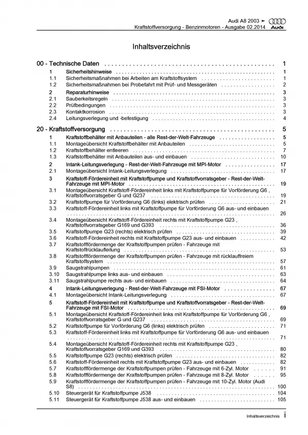 Audi A8 4E 2002-2010 Kraftstoffversorgung Benzinmotoren Reparaturanleitung PDF