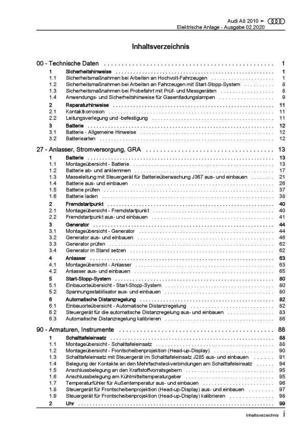 Audi A8 2010-2017 Elektrische Anlage Elektrik Systeme Reparaturanleitung PDF