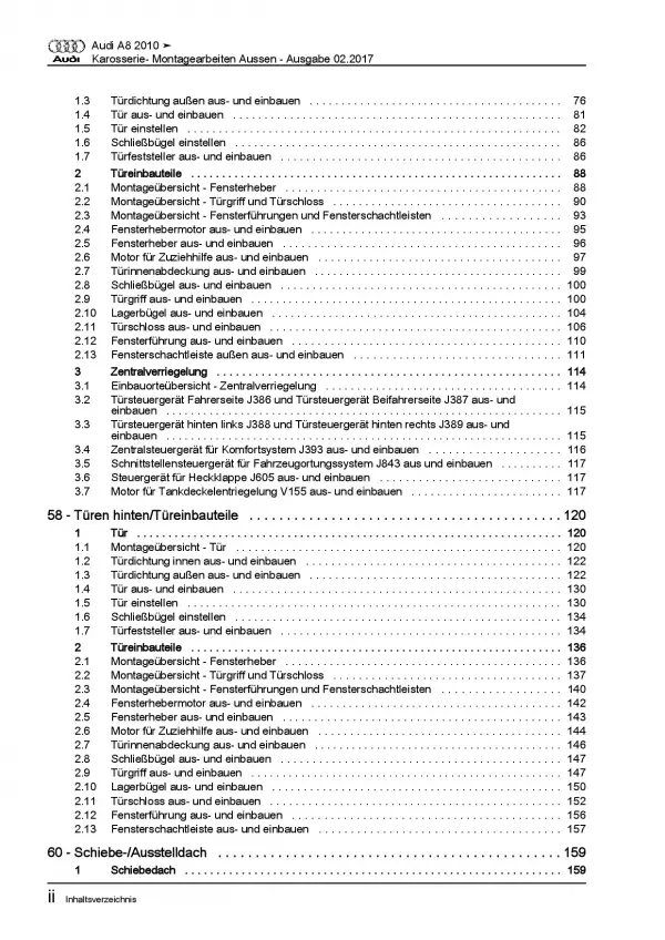 Audi A8 Typ 4H 2010-2017 Karosserie Montagearbeiten Außen Reparaturanleitung PDF