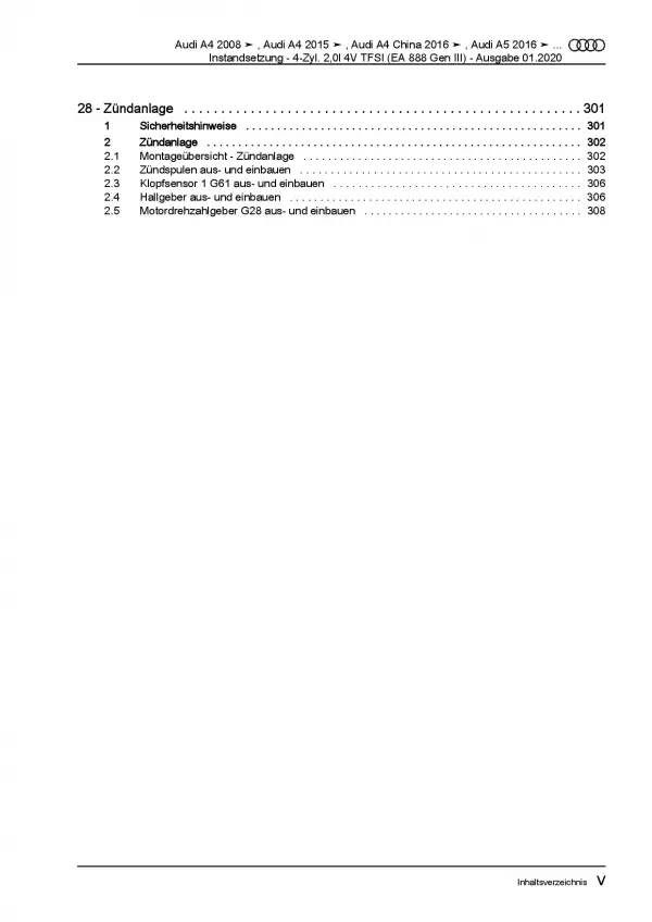 Audi A8 4H 2010-2017 Instandsetzung Benzinmotor 2,0l Reparaturanleitung PDF
