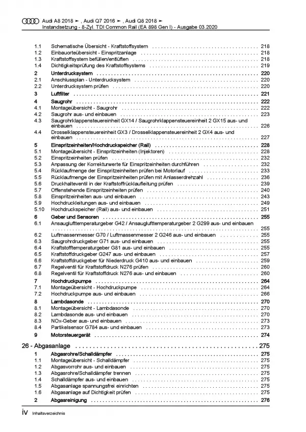 Audi A8 4N ab 2017 Instandsetzung Dieselmotor 8-Zyl. TDI Reparaturanleitung PDF
