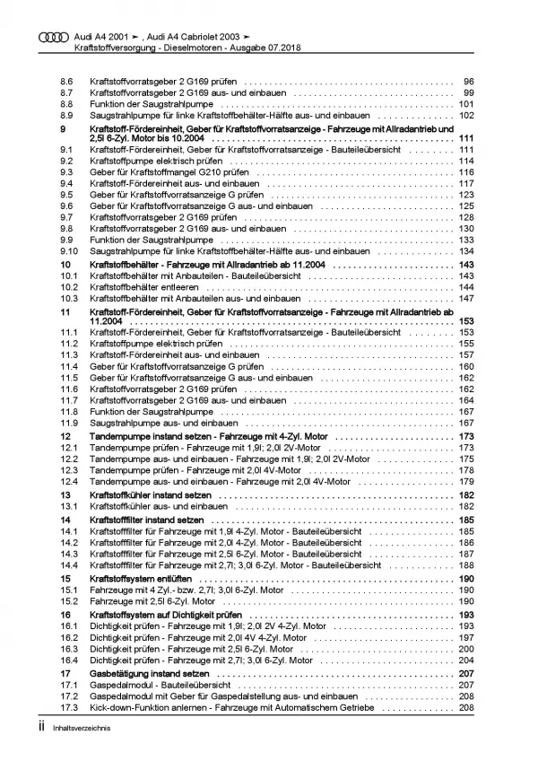 Audi A4 Cabrio (02-09) Kraftstoffversorgung Dieselmotoren Reparaturanleitung PDF