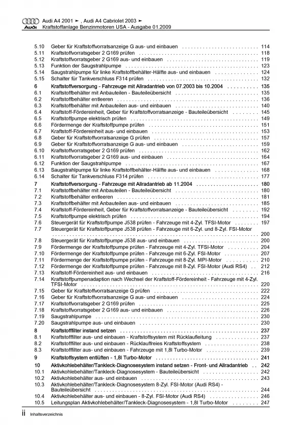 Audi A4 Cabrio 2002-2009 Kraftstoffversorgung Benzin USA Reparaturanleitung PDF