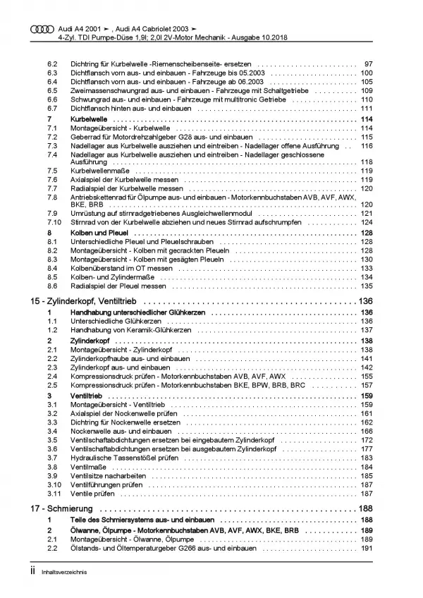 Audi A4 Cabriolet (02-09) 4-Zyl. Dieselmotor Mechanik Reparaturanleitung PDF