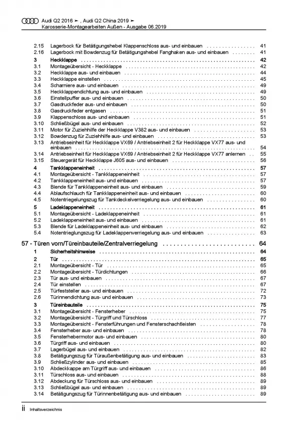 Audi Q2 Typ GA ab 2016 Karosserie Montagearbeiten Außen Reparaturanleitung PDF