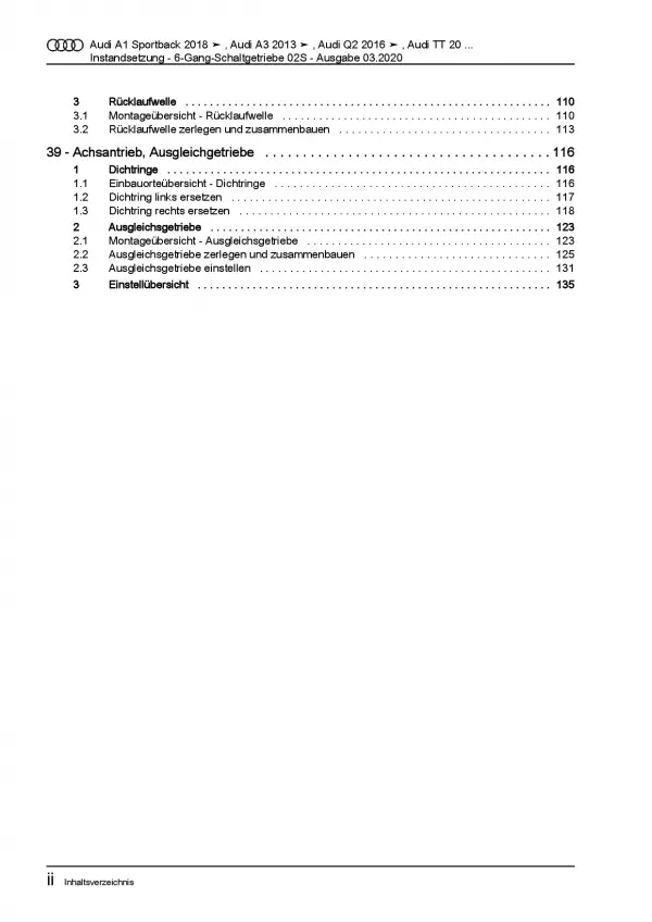 Audi Q2 GA (16>) Instandsetzung 6 Gang Schaltgetriebe 02S Reparaturanleitung PDF