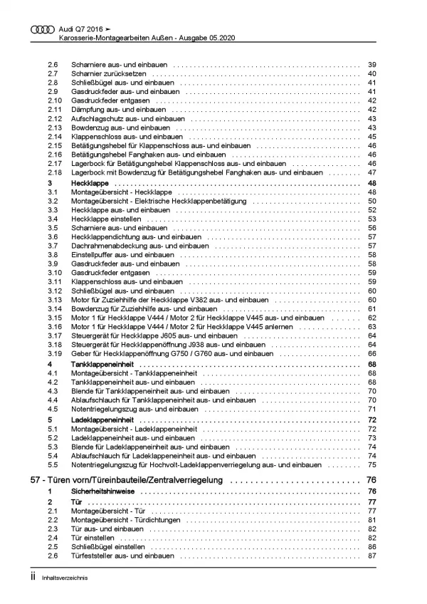 Audi Q7 Typ 4M ab 2015 Karosserie Montagearbeiten Außen Reparaturanleitung PDF
