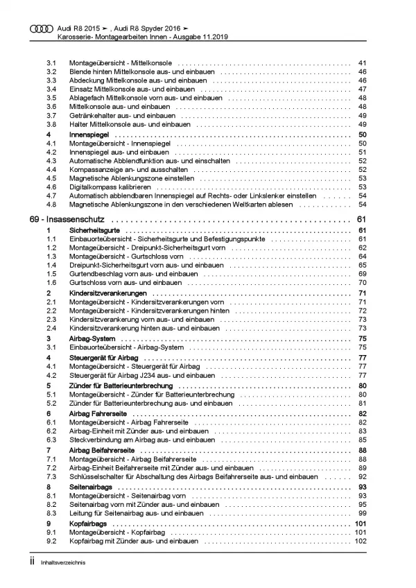 Audi R8 Typ 4S ab 2015 Karosserie Montagearbeiten Innen Reparaturanleitung PDF
