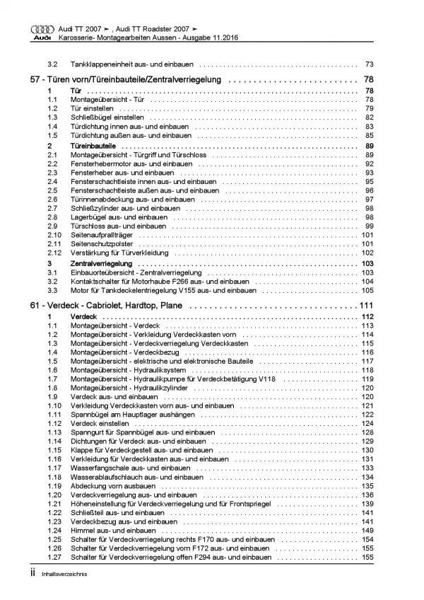 Audi TT Typ 8J 2006-2014 Karosserie Montagearbeiten Außen Reparaturanleitung PDF