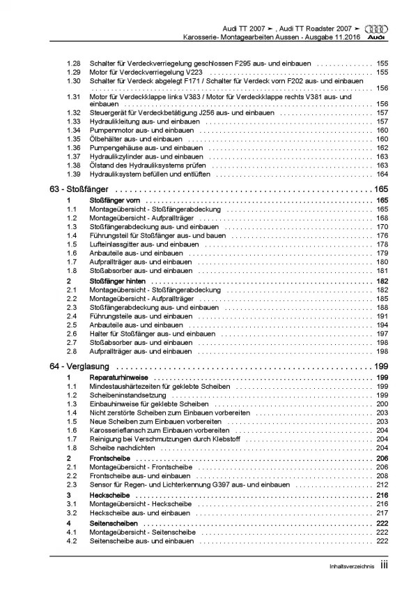 Audi TT Typ 8J 2006-2014 Karosserie Montagearbeiten Außen Reparaturanleitung PDF