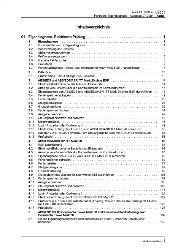 Audi TT Typ 8N 1998-2006 Eigendiagnose Fahrwerk Reparaturanleitung PDF