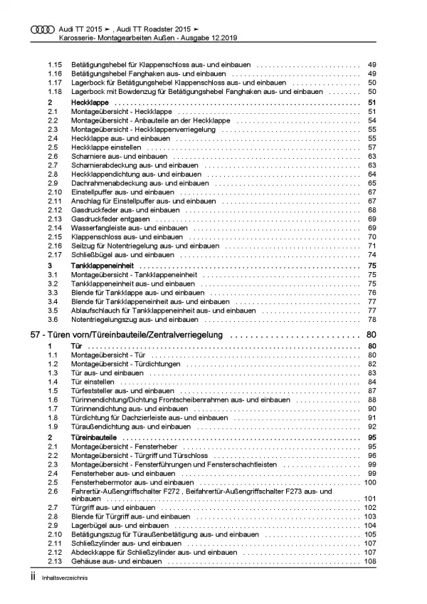 Audi TT 8S FV ab 2014 Karosserie Montagearbeiten Außen Reparaturanleitung PDF