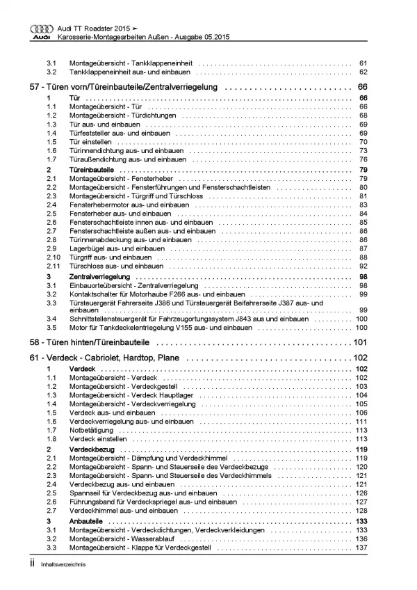 Audi TT Cabrio ab 2014 Karosserie Außen Montagearbeiten Reparaturanleitung PDF
