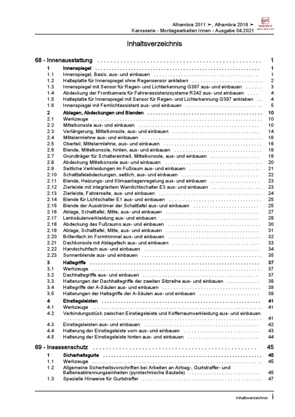 SEAT Alhambra 71 ab 2015 Karosserie Montagearbeiten Innen Reparaturanleitung PDF