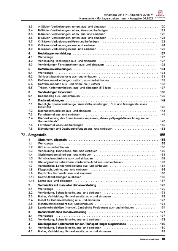 SEAT Alhambra 71 ab 2015 Karosserie Montagearbeiten Innen Reparaturanleitung PDF